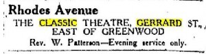 Rhodes uses Classic Theatre for sevices Feb, 1925